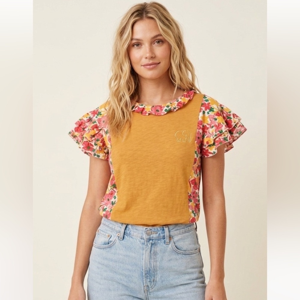 Mustard Floral Ruffle Mixed Media Top Medium